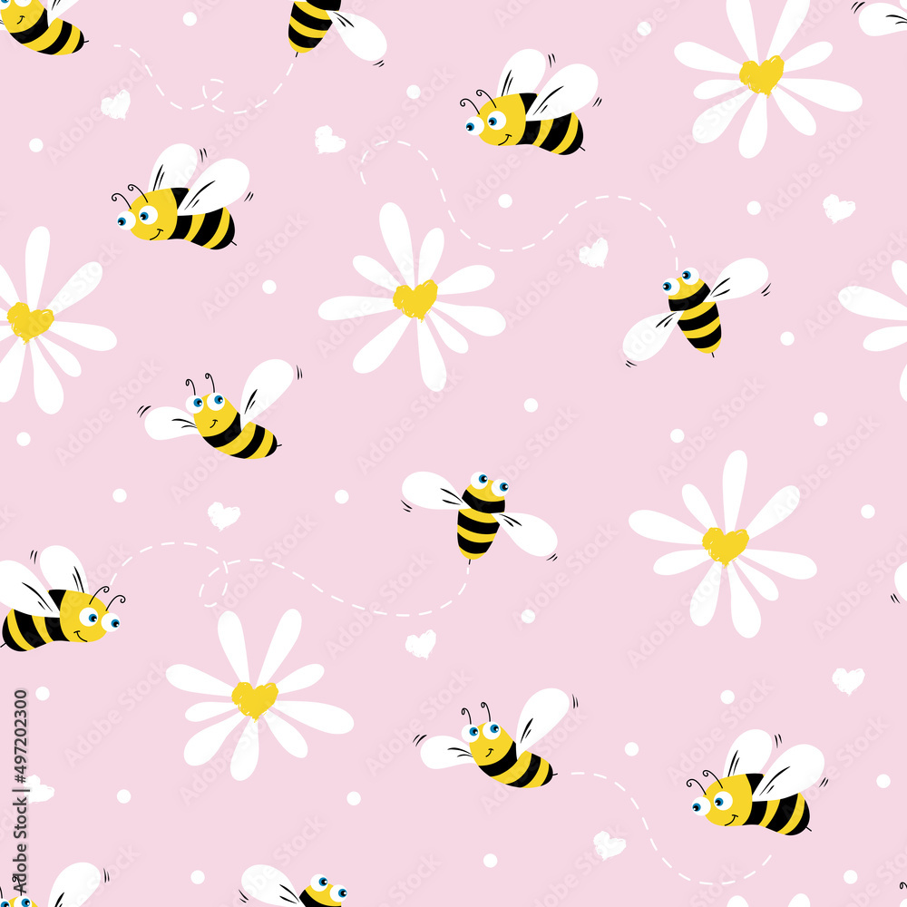 Daisy and bees seamless pattern on a pink background. Flowers, petals and cartoon bees. Vector illustration.