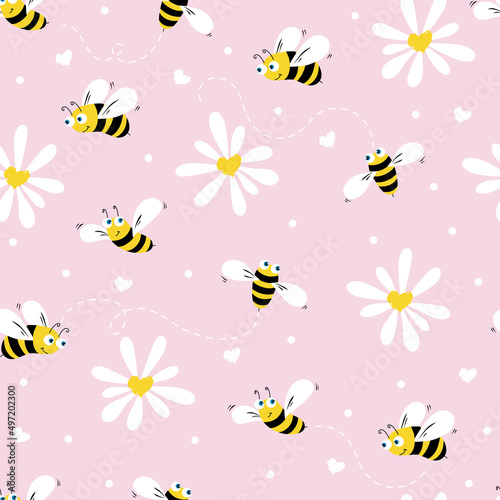 Daisy and bees seamless pattern on a pink background. Flowers  petals and cartoon bees. Vector illustration.