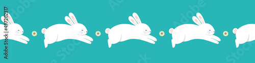 Easter bunny pattern border. Cute vector seamless repeat banner of leaping rabbits and flowers. 