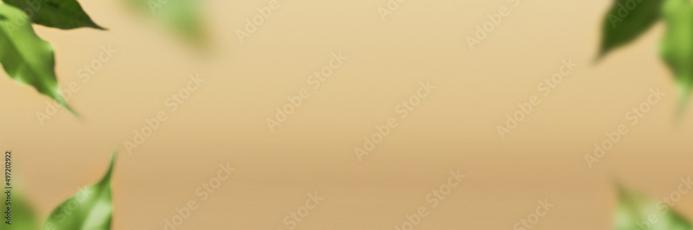 Floral blurred leaves frame on beige blank banner. Backdrop for advertising products of beauty, eco, holidays Floral blurred leaves frame on beige blank banner. Backdrop for advertising products of beauty, eco, holidays