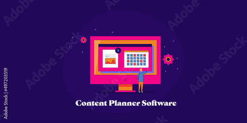Content marketing concept. Digital marketing expert using content planning and auto publication software for blog management, internet technology cms system. Flat design web banner template.
