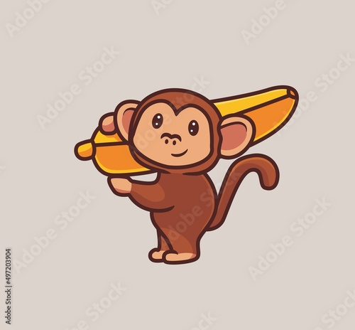 cute monkey bring giant banana. isolated cartoon animal nature illustration. Flat Style suitable for Sticker Icon Design Premium Logo vector. Mascot Character