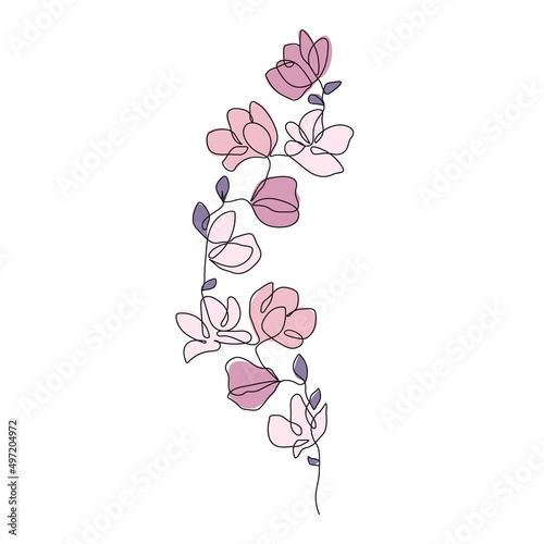 Magnolia Flowers. Botanical Line Art Vector Illustration for Prints  Social Media  Icons. Floral Trendy Template Minimalist Style. Pink Flowers Abstract Branch Line Art Hand Drawn Doodle Template.