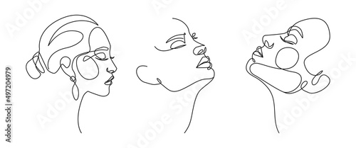 Abstract Faces Set Continuous Line Drawing. Woman Face, Minimalist Fashion Concept, Female Beauty One Line Art, Vector Illustration. Woman Contemporary Portrait Minimalist Style photo