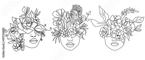 Fototapeta Naklejka Na Ścianę i Meble -  Woman Head of Flowers Line Art Drawing Set. Flower Head Line Drawing Minimalist Illustration. Female Line Art, Wall Art Sketch Woman, Illustration. Vector EPS 10