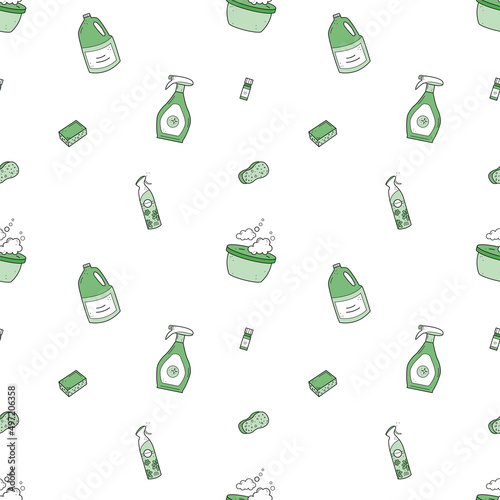 Eco friendly natural household cleaning products seamless pattern. Green house concept. House washing supplies repeat texture. Vector design for package, wrapping, banner, brochure