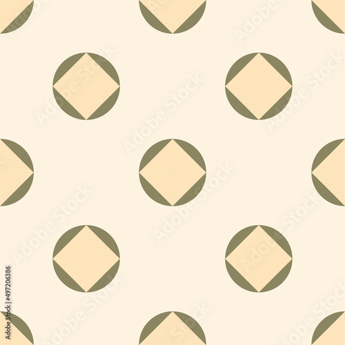 Minimal design geometric seamless pattern with circle and square shape. Mid century vector ornament. Retro style endless texture in green and light yellow colors