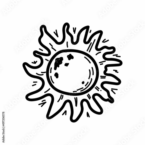 Simple sun icon with rays, hand-drawn element sketch in doodle style. Space. Sun with spots. Crown of the sun. Solar system. Isolated vector illustration.