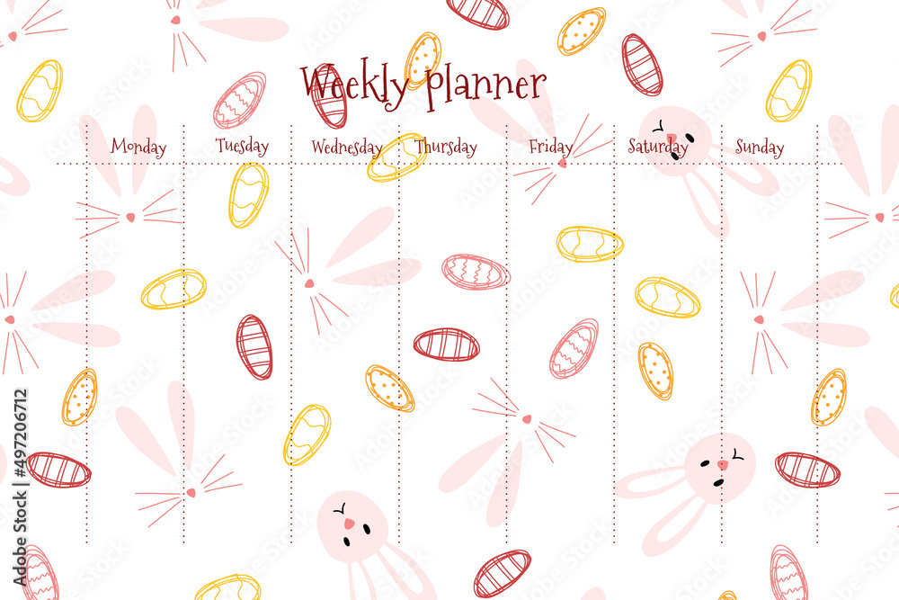 Weekly and daily planner with cute Easter bunny and egg in cartoon flat style. Colorful vector illustration for stationary, schedule, list, school timetable, extracurricular activities Weekly and daily planner with cute Easter bunny and egg in cartoon flat style. Colorful vector illustration for stationary, schedule, list, school timetable, extracurricular activities