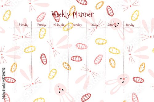 Weekly and daily planner with cute Easter bunny and egg in cartoon flat style. Colorful vector illustration for stationary, schedule, list, school timetable, extracurricular activities