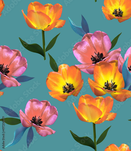 Fashion bright digital pattern photo print pink and yellow tulip flowers - abstract bright floral ornament on blue background.
