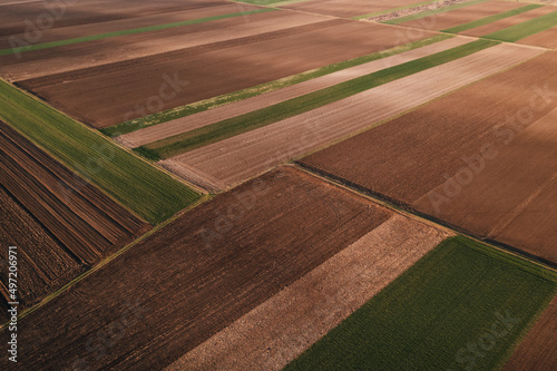 Aerial view of tilled fields in spring