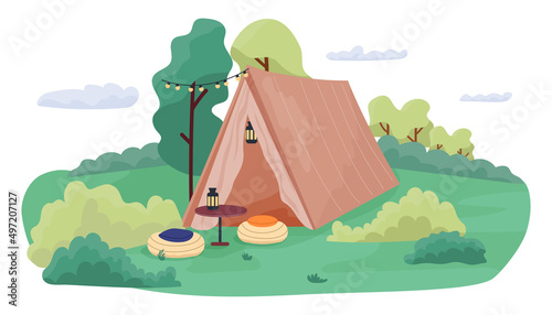 Glamping house standing on lawn in forest. Comfortable luxury tent in nature for summer recreation, vacation, weekand. Glowing light bulbs on trees and lantern inside tent. vector flat illustration