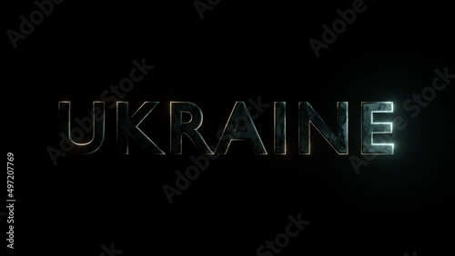 The 3D text Ukraine shimmers in two colors on a black background