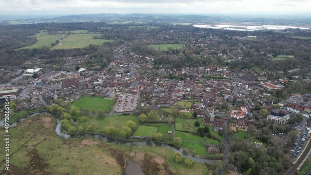 Godalming market town, Surrey UK high panning  drone aerial footage