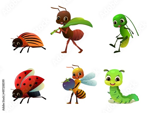 Set of insects persons. Wildlife object. Ant, ladybug and caterpillar. Colorado potato beetle, bee and grasshopper. Little funny Cute cartoon style. Isolated on white background. Vector