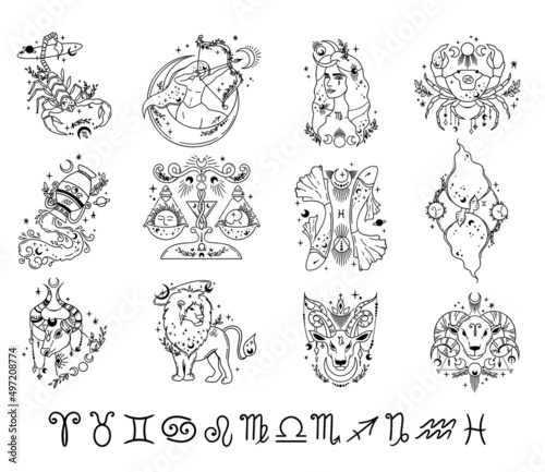 Zodiac hand drawn line signs isolated cliparts bundle, unique astrology symbols illustration, esoteric mystical horoscope in black color, Libra Gemini Taurus Cancer Aries Leo Pisces modern vector