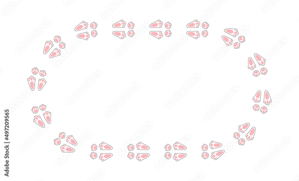 Rabbit or hare footprint trail. Easter bunny foot prints. Rabbit paw steps. Hare steps track on snow. Blank round frame template. Vector illustration isolated on white background in flat style. Rabbit or hare footprint trail. Easter bunny foot prints. Rabbit paw steps. Hare steps track on snow. Blank round frame template. Vector illustration isolated on white background in flat style.