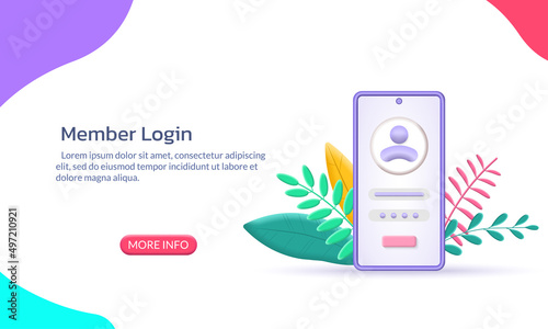 Login banner with 3d phone icon. Smartphone account with user avatar and password. Sign in, App registration concept. Vector illustration.