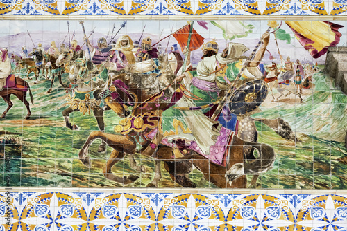 frieze with polychromatic azulejos depicting a chronology of some forms of transport used in Portugal in the Sao Bento railway station, Oporto, Portugal