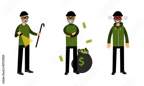 Masked thief stealing money set. Criminals in mask committing robbery vector illustration