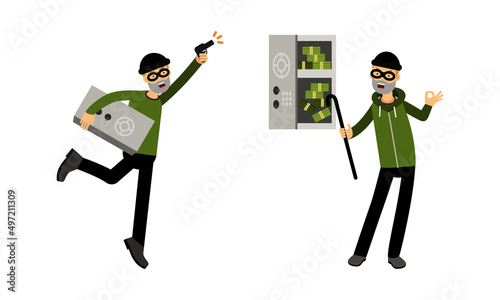 Masked thief stealing money set. Criminal characters breaking safe vector illustration