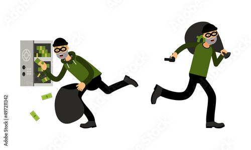 Masked thief stealing money set. Criminal characters running with money bags vector illustration