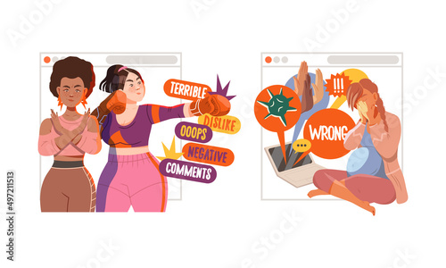 Cyberbullying in social networks. People sending aggressive messages and suffering from online abuse and violence cartoon vector illustration