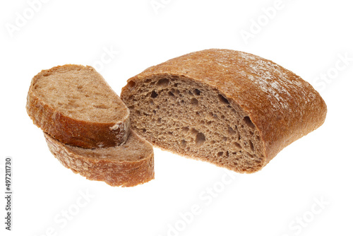 square loaf of bread with two pieces cut is isolated on a white background, full focus, clipping path, no shadows. 