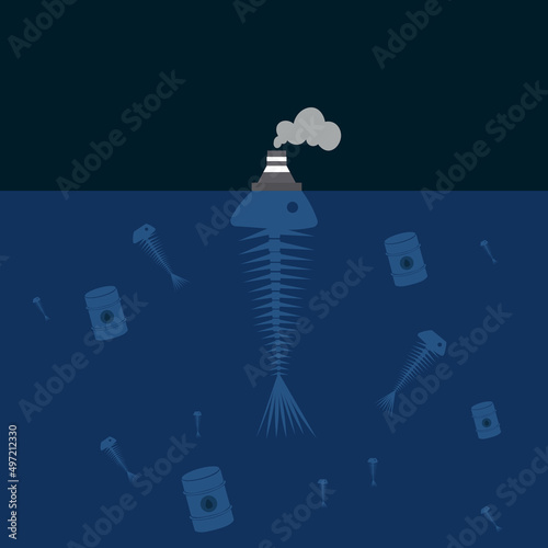 fish skeleton, ocean pollution, garbage in the ocean, wildlife killing, dead fish, waste dump, waste, fish death eps10