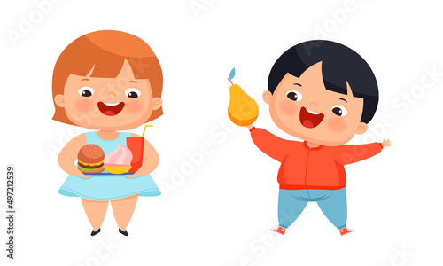 Happy overweight boy and girl eating healthy and unhealthy food cartoon vector illustration