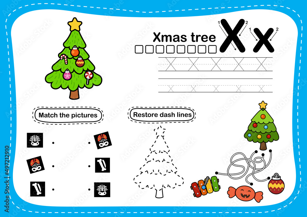 Alphabet Letter X - Xmas tree exercise with cartoon vocabulary illustration, vector