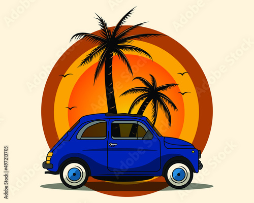 A classic car in palm tree background in vector illustration design
