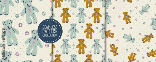 Set, a collection with cute prints, seamless patterns, backgrounds with teddy bears and buttons. Vector children's illustration