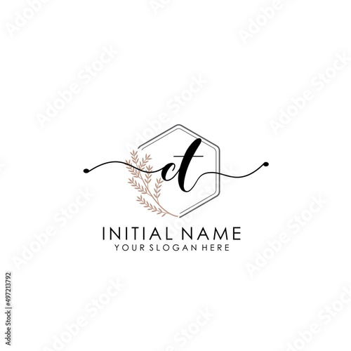 CT Luxury initial handwriting logo with flower template, logo for beauty, fashion, wedding, photography