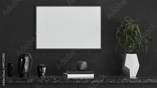 Mock up poster frame on black plaster wall with sculpture heads, plant in a vase, books and geometric objects on dark marble shelf; landscape orientation picture frame; 3d rendering, 3d illustration