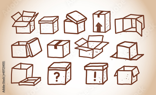 Set of doodle cardboard boxes in vintage style. Vector doodle sketch illustration.