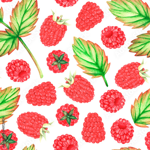 Raspberry seamless pattern. Watercolor illustration. Isolated on a white background. For design.