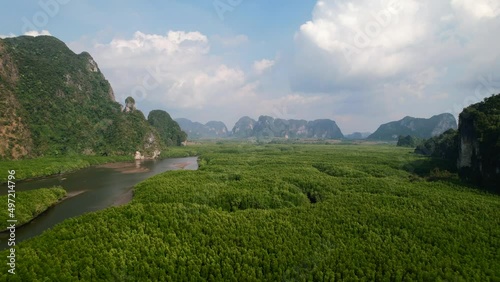 Drone flying over Ao Thalane mangroves and river in Krabi Thailand on a sunny day overlooking the mountains photo