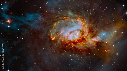 Space flight slowly moving through universe among planets galaxies stars and nebulae