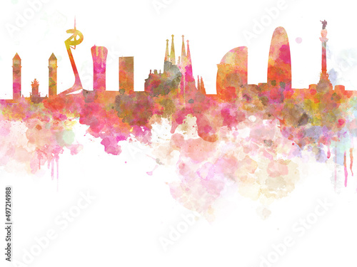 Photography Barcelona skyline in watercolour background