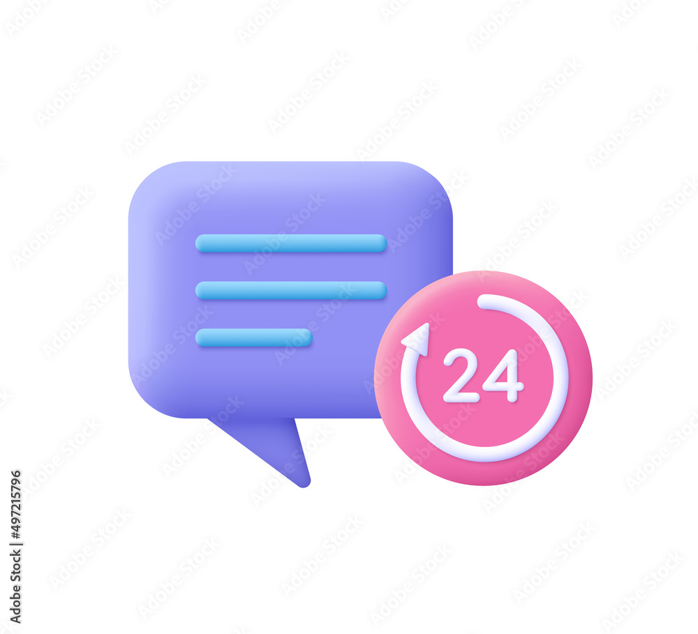 Speech bubble and 24 hours watch with arrow. Support service, help, chatting, working hours concept. 3d vector icon. Cartoon minimal style. Speech bubble and 24 hours watch with arrow. Support service, help, chatting, working hours concept. 3d vector icon. Cartoon minimal style.