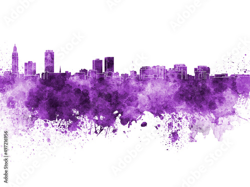 Baton Rouge skyline in purple watercolor on white background
