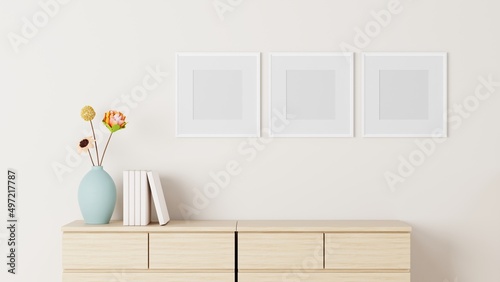 Blank picture frame mockup in modern interior living room, minimal style. 3D rener illustration.