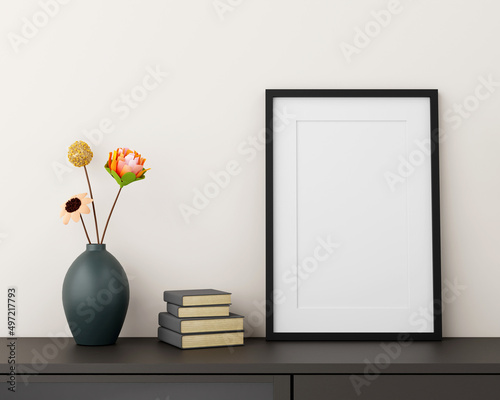 Blank picture frame mockup in modern interior living room, minimal style. 3D rener illustration.