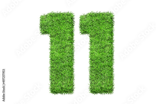 11 number in green grass filled the character . Isolated from a white background