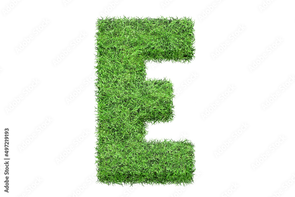 Green Grass Letter E. Alphabet Isolated On White Background. Font For Your Design. 3D Green Grass Letter E. Alphabet Isolated On White Background. Font For Your Design. 3D