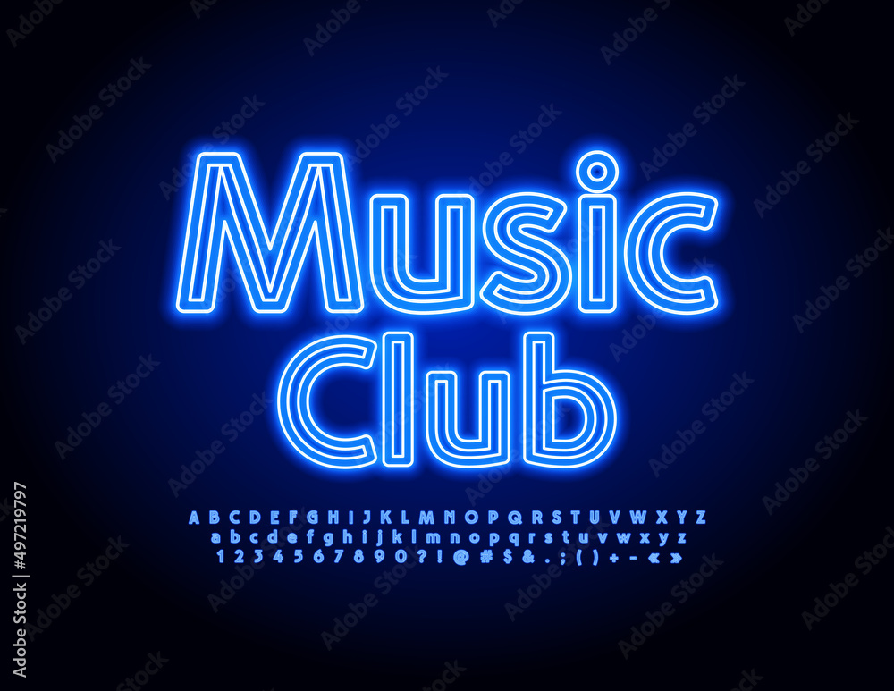 Vector glowing poster Music Club with Light Tube Font. Blue neon Alphabet Letters, Numbers and Vector glowing poster Music Club with Light Tube Font. Blue neon Alphabet Letters, Numbers and