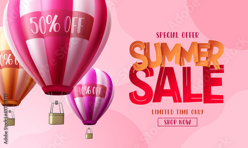 Summer sale vector banner design. Summer sale special offer discount text with hot air balloons element for tropical season promotion background. Vector illustration.
