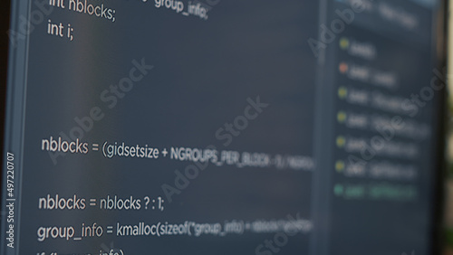 Closeup of computer screen of system engineer typing source code in it startup agency. Display concept of software developer writing programming language. Scrolling text of database functions script.